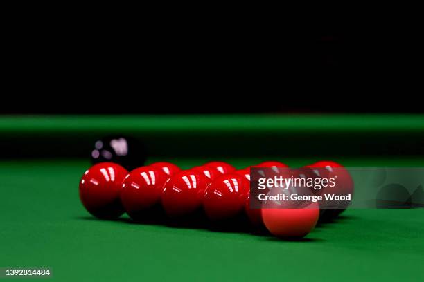 General view of the balls on the table on day six of the Betfred World Snooker Championship at Crucible Theatre on April 21, 2022 in Sheffield,...