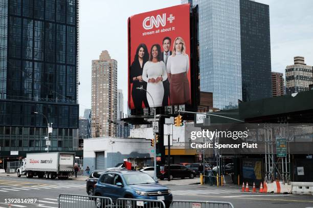 An advertisement for CNN+ is displayed in Manhattan on April 21, 2022 in New York City. Only three weeks after its launch, CNN has announced that...
