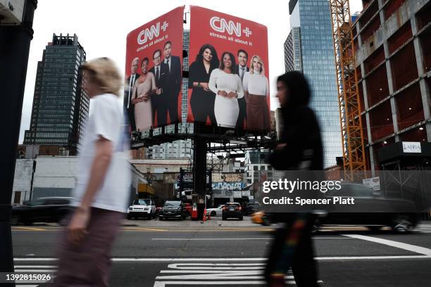 An advertisement for CNN+ is displayed in Manhattan on April 21, 2022 in New York City. Only three weeks after its launch, CNN has announced that...