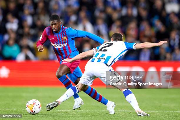 Ousmane Dembele of FC Barcelona in action during the LaLiga Santander match between Real Sociedad and FC Barcelona at Reale Arena on April 21, 2022...