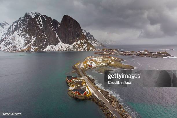 aerial view of hamnoy bay taken with a drone in winter - lofoten islands - norway - nordland county stock pictures, royalty-free photos & images