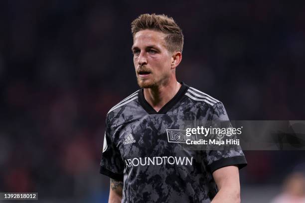 Bastian Oczipka of 1.FC Union Berlin looks on during the DFB Cup semi final match between RB Leipzig and 1. FC Union Berlin at Red Bull Arena on...