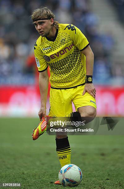 Marcel Schmelzer of Dortmund in action during the Bundesliga match between Hertha BSC Berlin and Borussia Dortmund at Olympic Stadium on February 18,...