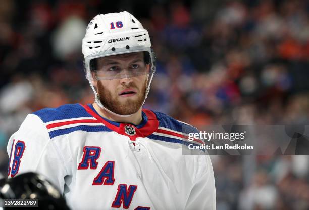 Andrew Copp of the New York Rangers looks on against the Philadelphia Flyers at the Wells Fargo Center on April 13, 2022 in Philadelphia,...