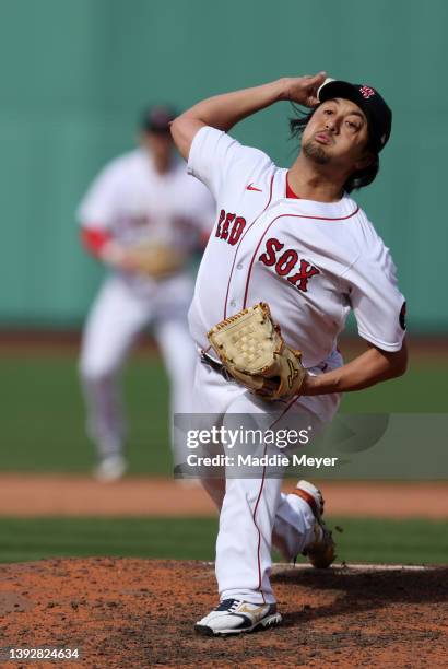 Hirokazu Sawamura of the Boston Red Sox throws against the Toronto Blue Jays during the eighth inning at Fenway Park on April 21, 2022 in Boston,...