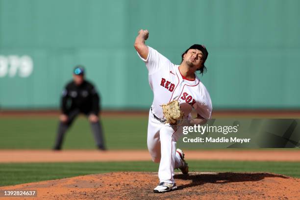 Hirokazu Sawamura of the Boston Red Sox throws against the Toronto Blue Jays during the eighth inning at Fenway Park on April 21, 2022 in Boston,...
