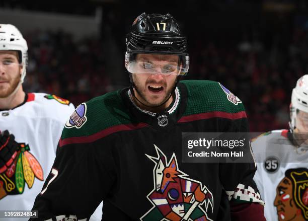 Alex Galchenyuk of the Arizona Coyotes reacts after a goal against the Chicago Blackhawks at Gila River Arena on April 20, 2022 in Glendale, Arizona.