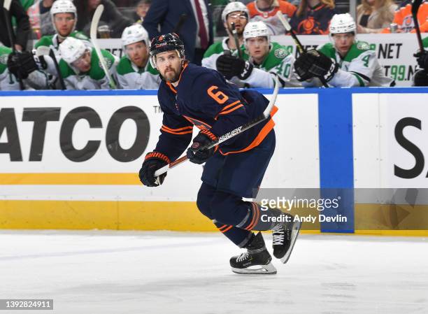 April 20: Kris Russell of the Edmonton Oilers skates during the game against the Dallas Stars on April 20, 2022 at Rogers Place in Edmonton, Alberta,...