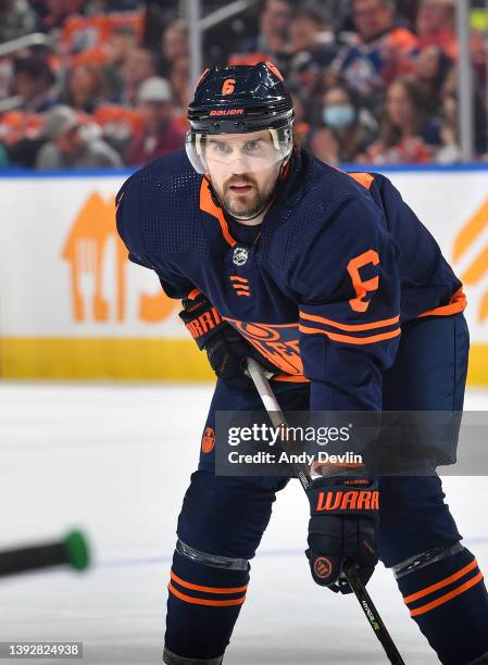 April 20: Kris Russell of the Edmonton Oilers awaits a face-off during the game against the Dallas Stars on April 20, 2022 at Rogers Place in...