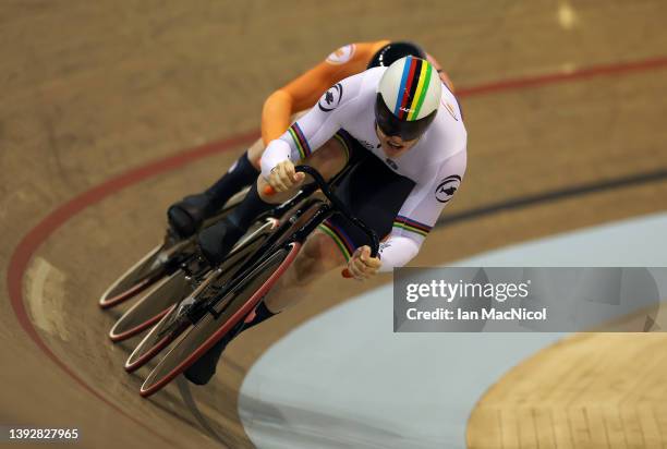 Harrie Lavreysen of Netherlands competes in the Men's Team Sprint during the UCI Track Nations Cup at Sir Chris Hoy Velodrome on April 21, 2022 in...