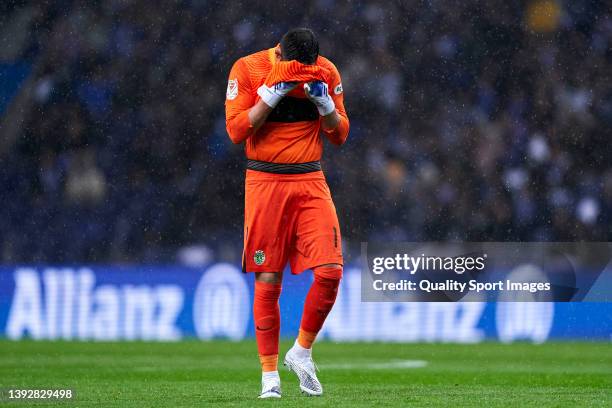Antonio Adan of Sporting CP reacts during the Portuguese Cup semifinal match between FC Porto and Sporting CP at Estadio Do Dragao on April 21, 2022...