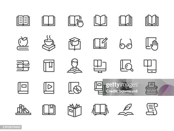 ilustraciones, imágenes clip art, dibujos animados e iconos de stock de trazado editable de iconos de línea de libro - enciclopedia