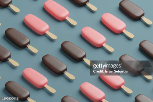 digitally generated image. pattern of a delicious chocolate ice cream with stick on blue background. - sundae stock pictures, royalty-free photos & images