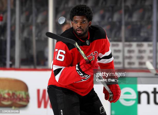 Subban of the New Jersey Devils bounces the puck during warm ups before the game against the Buffalo Sabres at Prudential Center on April 21, 2022 in...