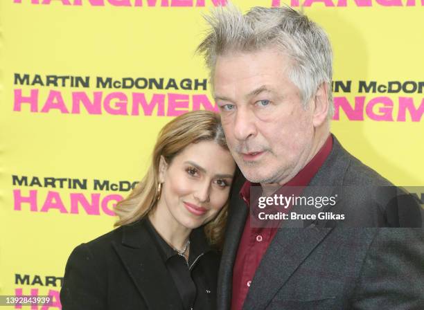 Hilaria Baldwin and Alec Baldwin pose at the opening night of the new play "Hangmen" on Broadway at The Golden Theatre on April 21, 2022 in New York...