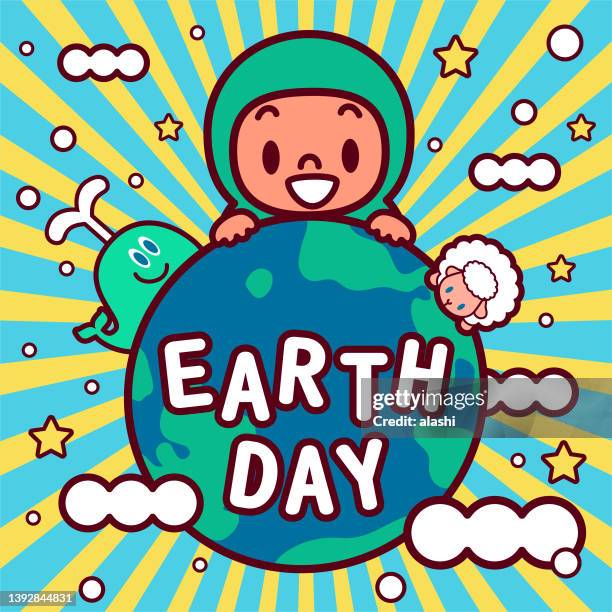 a cute muslim girl and animals celebrate earth day - kawaii universe stock illustrations