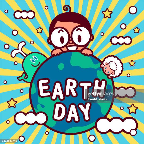 a cute boy wearing glasses embraces the planet earth and animals to celebrate earth day - kawaii universe stock illustrations