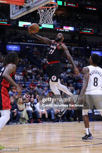 Keljin Blevins of the Portland Trail Blazers shoots as Naji Marshall of the New Orleans Pelicans defends during a game at the Smoothie King Center on...