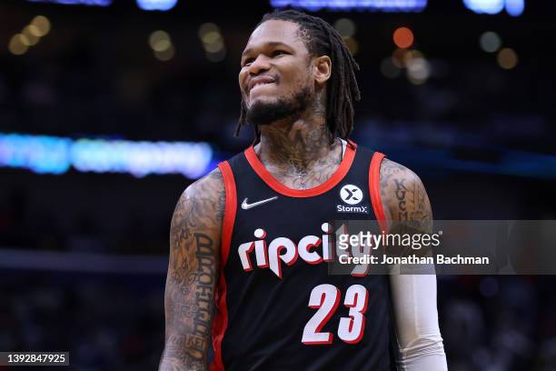 Ben McLemore of the Portland Trail Blazers reacts against the New Orleans Pelicans during a game at the Smoothie King Center on April 07, 2022 in New...