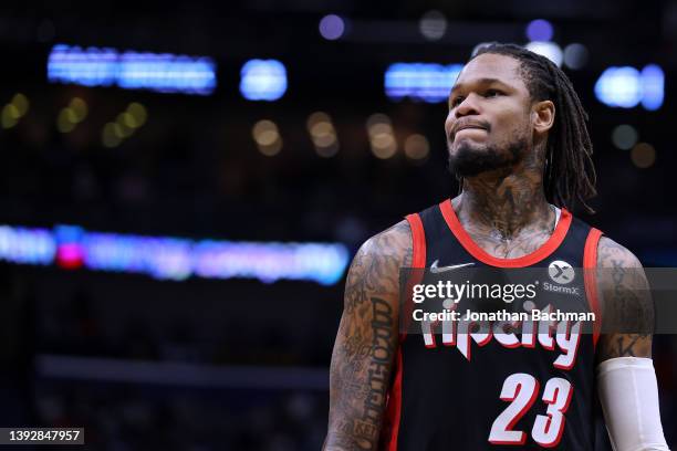 Ben McLemore of the Portland Trail Blazers reacts against the New Orleans Pelicans during a game at the Smoothie King Center on April 07, 2022 in New...