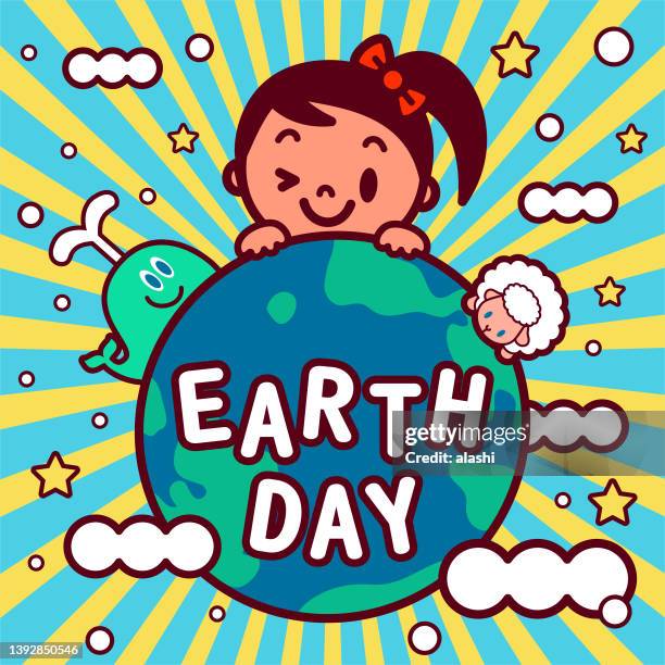 a cute little girl with pigtails embraces the planet earth and animals to celebrate earth day - kawaii universe stock illustrations