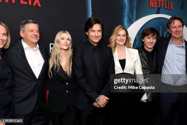 Ted Sarandos, Sofia Hublitz, Jason Bateman, Laura Linney, Skylar Gaertner and Chris Mundy attend the Netflix's "Ozark" Season 4 Premiere on April 21,...