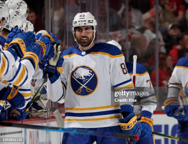 Alex Tuch of the Buffalo Sabres celebrates his short handed goal with teammates on the bench during the second period against the New Jersey Devils...