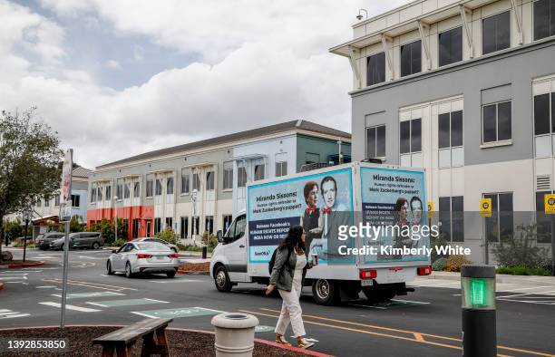 SumOfUs drives through Facebook’s headquarters on April 21, 2022 in Menlo Park, California. SumOfUs is demanding Facebook’s human rights chief,...