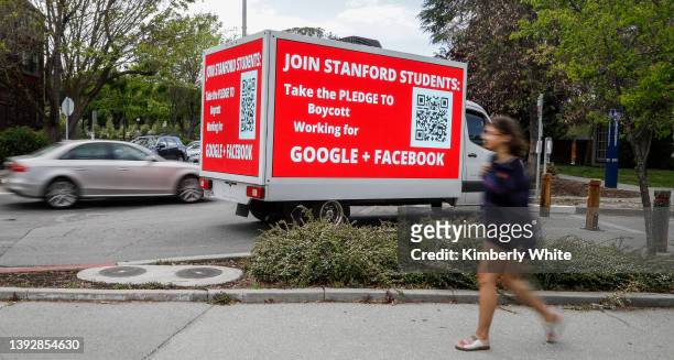 SumOfUs drives a truck through the Stanford University campus urging Stanford students to join a pledge to boycott working at Facebook or Google on...
