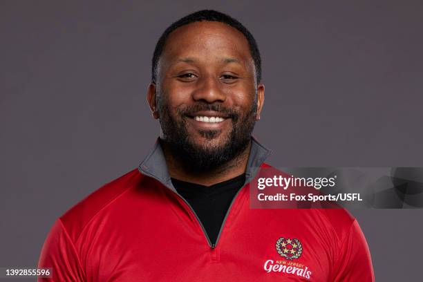 Defensive Backs and Quality Control coach Dominique Franks of the New Jersey Generals poses for his 2022 USFL headshot at Protective Stadium on April...