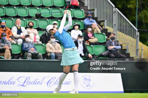 Hiromu Ono of Japan hits her tee shot on the 1st hole during the first round of Fuji Sankei Ladies Classic at Kawana Hotel Golf Course on April 22,...