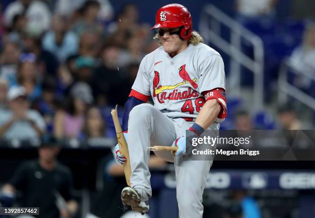 Harrison Bader of the St. Louis Cardinals reacts after striking out against the Miami Marlins during the eighth inning at loanDepot park on April 21,...