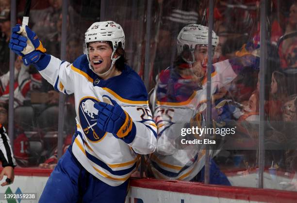 Owen Power of the Buffalo Sabres celebrates his first NHL goal during the third period against the New Jersey Devils at Prudential Center on April...