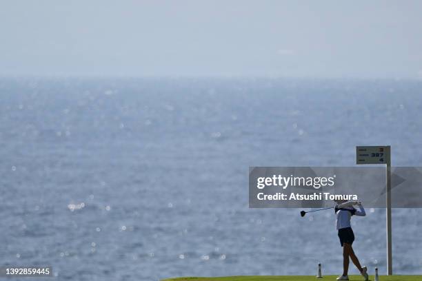 Ayaka Matsumori of Japan hits her tee shot on the 3rd hole during the first round of Fuji Sankei Ladies Classic at Kawana Hotel Golf Course on April...