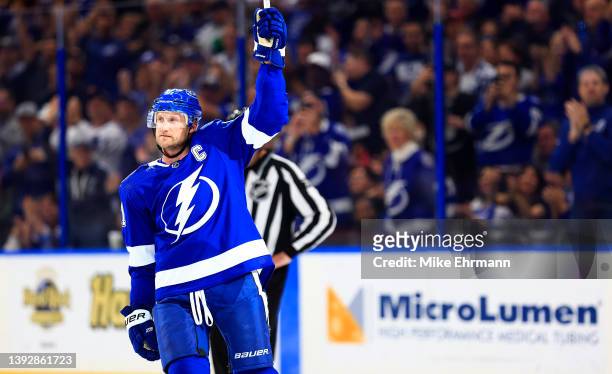 Steven Stamkos of the Tampa Bay Lightning celebrates a goal in the second period making him the all time leading scorer in Tampa Bay Lightning...