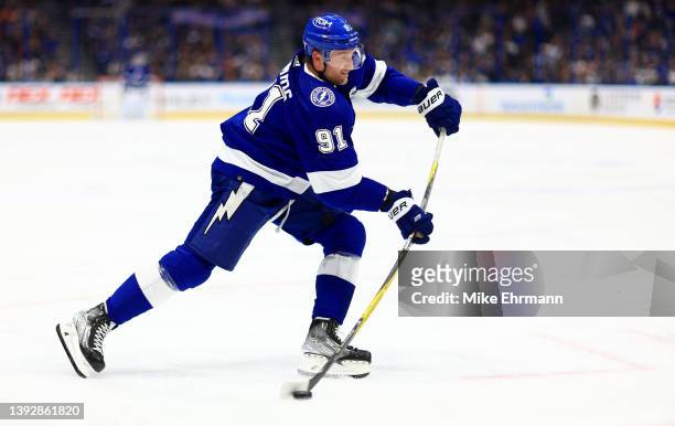 Steven Stamkos of the Tampa Bay Lightning looks to pass in the second period during a game against the Toronto Maple Leafs at Amalie Arena on April...