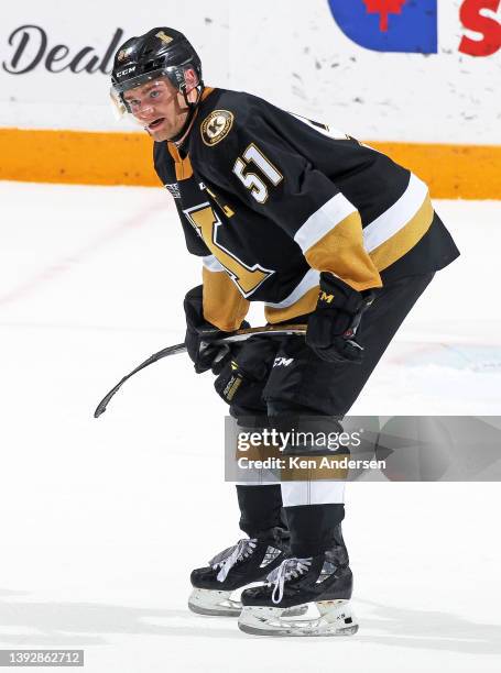 Shane Wright of the Kingston Frontenacs skates against the Peterborough Petes in an OHL game at the Peterborough Memorial Centre on December 21, 2021...