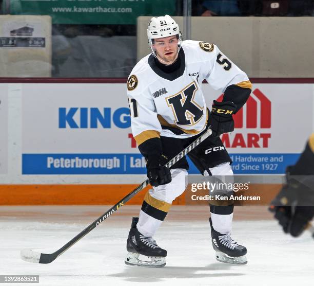 Shane Wright of the Kingston Frontenacs skates against the Peterborough Petes in an OHL game at the Peterborough Memorial Centre on March 29, 2022 in...