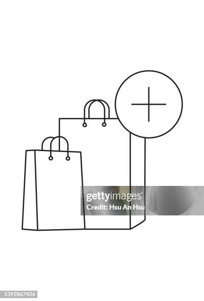 ilustraciones, imágenes clip art, dibujos animados e iconos de stock de ilustración vectorial del icono de las bolsas de la compra en color monocromo. - スクエア