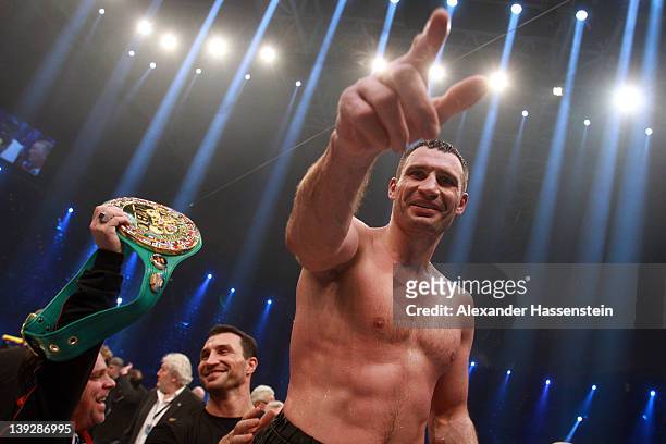Vitali Klitschko of Ukraine celebrates after winning his WBC Heavyweight World Championship fight against Dereck Chisora of Great Britain at Olympia...