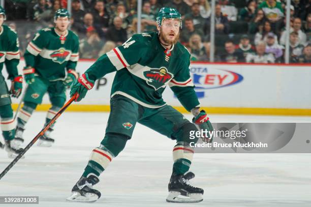 Nicolas Deslauriers of the Minnesota Wild skates against the San Jose Sharks during the game at the Xcel Energy Center on April 17, 2022 in Saint...