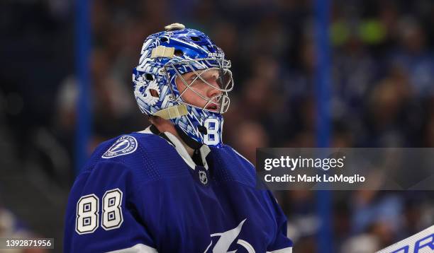 Andrei Vasilevskiy of the Tampa Bay Lightning skates against the Toronto Maple Leafs during the second period at Amalie Arena on April 21, 2022 in...