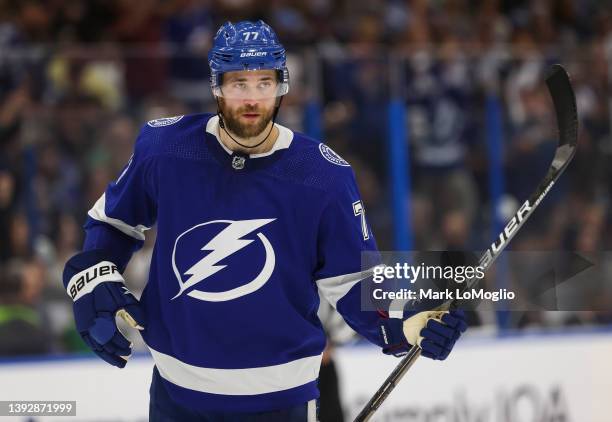 Victor Hedman of the Tampa Bay Lightning skates against the Toronto Maple Leafs during the second period at Amalie Arena on April 21, 2022 in Tampa,...