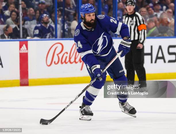 Zach Bogosian of the Tampa Bay Lightning skates against the Toronto Maple Leafs during the third period at Amalie Arena on April 21, 2022 in Tampa,...