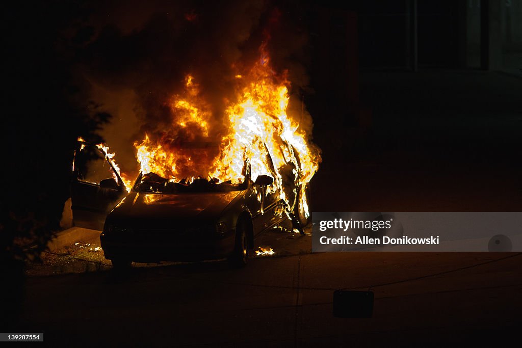 Car fire at night