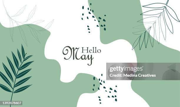 flat hello may horizontal banner and background - different occupations isolated stock illustrations