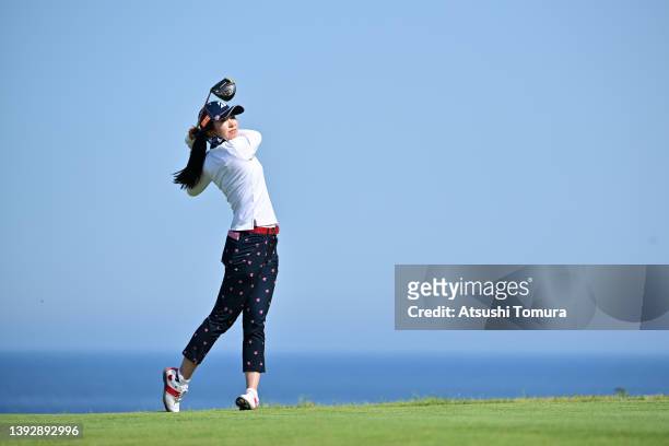 Kotone Hori of Japan hits her tee shot on the 14th hole during the first round of Fuji Sankei Ladies Classic at Kawana Hotel Golf Course on April 22,...