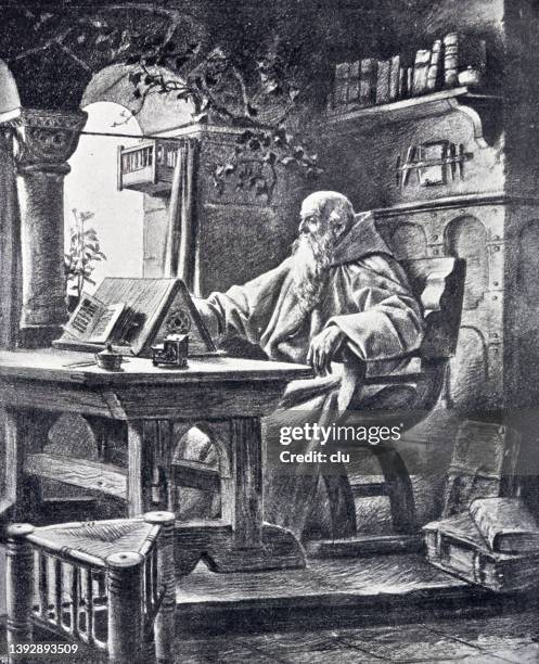 ilustrações de stock, clip art, desenhos animados e ícones de the monk prior sitting in his cell reading - monk