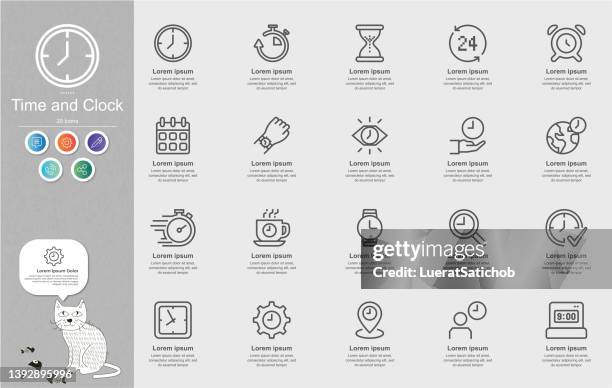 illustrations, cliparts, dessins animés et icônes de infographie sur le contenu des icônes de ligne d’heure et d’horloge - temps qui passe