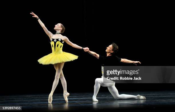 Sarah Lamb and Vadim Muntagirov with artists of the company perform in The Royal Ballet's production of Frederick Ashton's Scenes de ballet at The...